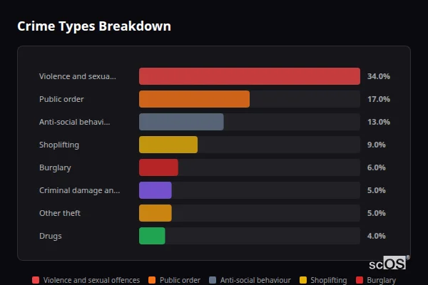 Crime Types Breakdown - Milford and Witley Crime Types Breakdown for Milford and Witley - showing Violence and sexual offences (34%), Public order (17%), Anti-social behaviour (13%)