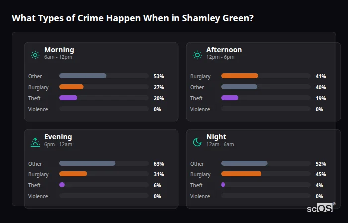 Crime types by time period for Shamley Green - showing breakdown of burglary, violence, theft, and vehicle crime by morning, afternoon, evening, and night