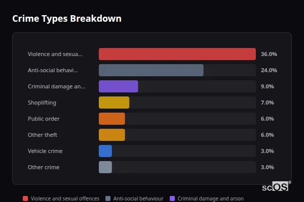 Crime Types Breakdown - Hailsham Crime Types Breakdown for Hailsham - showing Violence and sexual offences (36%), Anti-social behaviour (24%), Criminal damage and arson (9%)