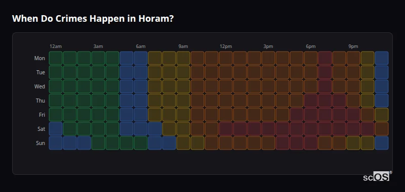 Crime time heatmap for Horam - showing when crimes are most likely to occur by day and hour