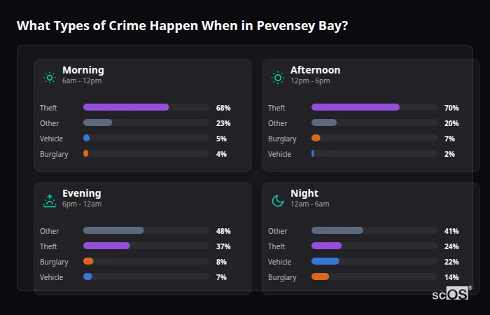 Crime types by time period for Pevensey Bay - showing breakdown of burglary, violence, theft, and vehicle crime by morning, afternoon, evening, and night