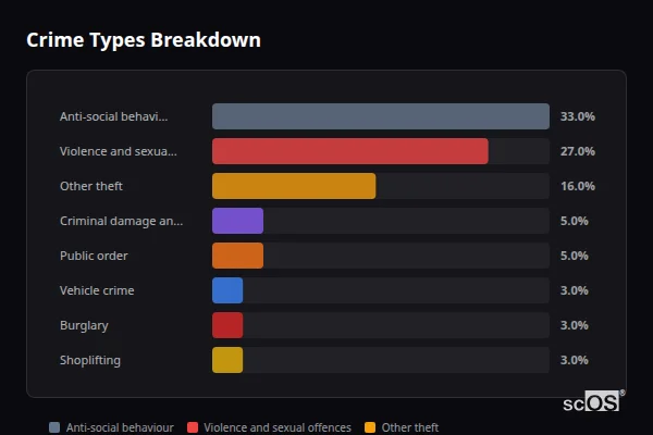 Crime Types Breakdown - Welwyn Crime Types Breakdown for Welwyn - showing Anti-social behaviour (33%), Violence and sexual offences (27%), Other theft (16%)