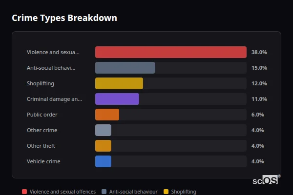 Crime Types Breakdown - Woolmer Green Crime Types Breakdown for Woolmer Green - showing Violence and sexual offences (38%), Anti-social behaviour (15%), Shoplifting (12%)