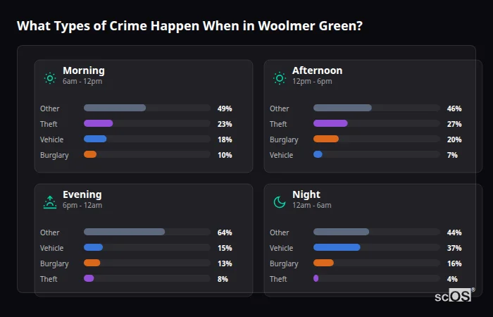 What Types of Crime Happen When in Woolmer Green? Crime types by time period for Woolmer Green - showing breakdown of burglary, violence, theft, and vehicle crime by morning, afternoon, evening, and night