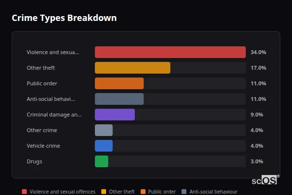 Crime Types Breakdown for Aldermaston - showing Violence and sexual offences (34%), Other theft (17%), Public order (11%)