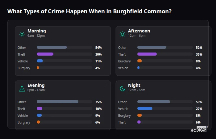 Crime types by time period for Burghfield Common - showing breakdown of burglary, violence, theft, and vehicle crime by morning, afternoon, evening, and night