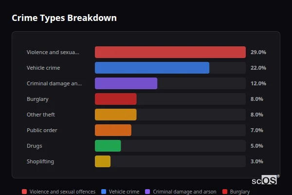 Crime Types Breakdown - Chieveley Crime Types Breakdown for Chieveley - showing Violence and sexual offences (29%), Vehicle crime (22%), Criminal damage and arson (12%)