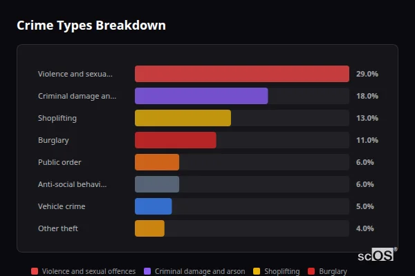 Crime Types Breakdown for Hermitage - showing Violence and sexual offences (29%), Criminal damage and arson (18%), Shoplifting (13%)