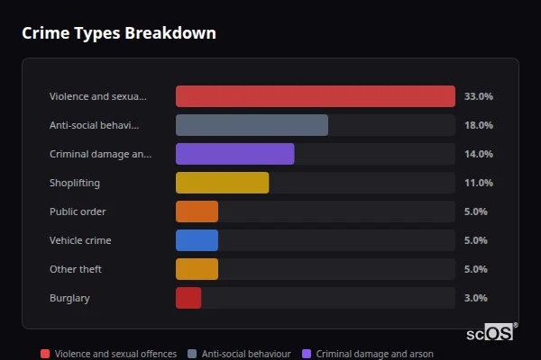 Crime Types Breakdown for Mortimer - showing Violence and sexual offences (33%), Anti-social behaviour (18%), Criminal damage and arson (14%)