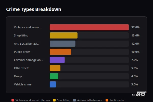 Crime Types Breakdown - Newbury Crime Types Breakdown for Newbury - showing Violence and sexual offences (37%), Shoplifting (13%), Anti-social behaviour (12%)