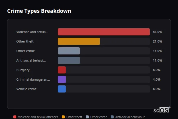 Crime Types Breakdown for Chagford - showing Violence and sexual offences (46%), Other theft (21%), Other crime (11%)