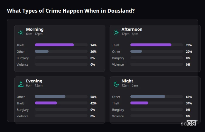 What Types of Crime Happen When in Dousland? Crime types by time period for Dousland - showing breakdown of burglary, violence, theft, and vehicle crime by morning, afternoon, evening, and night