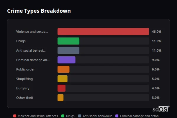 Crime Types Breakdown for Hatherleigh - showing Violence and sexual offences (46%), Drugs (11%), Anti-social behaviour (11%)
