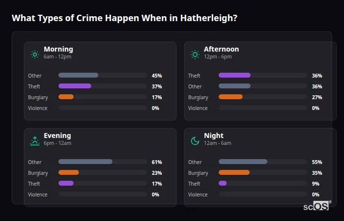 Crime types by time period for Hatherleigh - showing breakdown of burglary, violence, theft, and vehicle crime by morning, afternoon, evening, and night