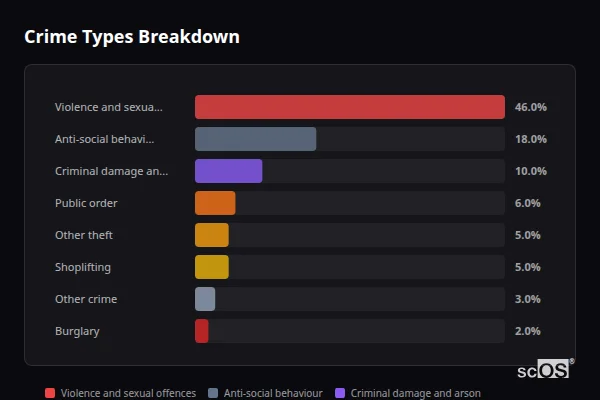 Crime Types Breakdown - Okehampton Crime Types Breakdown for Okehampton - showing Violence and sexual offences (46%), Anti-social behaviour (18%), Criminal damage and arson (10%)