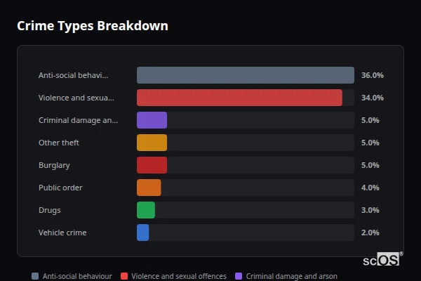 Crime Types Breakdown for Banks - showing Anti-social behaviour (36%), Violence and sexual offences (34%), Criminal damage and arson (5%)