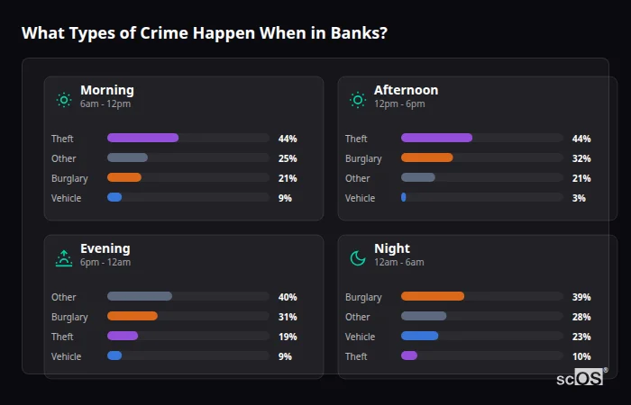 Crime types by time period for Banks - showing breakdown of burglary, violence, theft, and vehicle crime by morning, afternoon, evening, and night