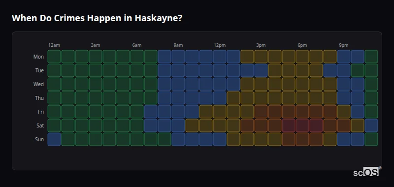 Crime time heatmap for Haskayne - showing when crimes are most likely to occur by day and hour