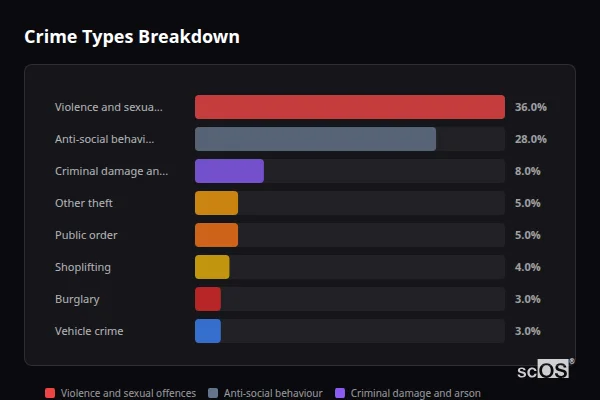 Crime Types Breakdown - Skelmersdale Crime Types Breakdown for Skelmersdale - showing Violence and sexual offences (36%), Anti-social behaviour (28%), Criminal damage and arson (8%)