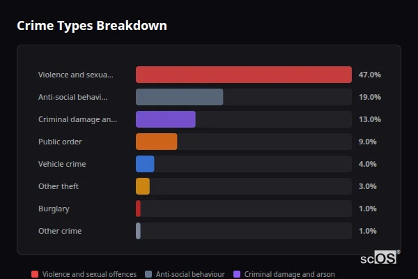Crime Types Breakdown for Blyton - showing Violence and sexual offences (47%), Anti-social behaviour (19%), Criminal damage and arson (13%)