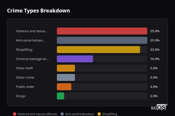 Crime Types Breakdown - Cherry Willingham Crime Types Breakdown for Cherry Willingham - showing Violence and sexual offences (25%), Anti-social behaviour (25%), Shoplifting (23%)