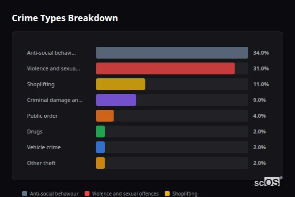 Crime Types Breakdown for Sturton by Stow - showing Anti-social behaviour (34%), Violence and sexual offences (31%), Shoplifting (11%)