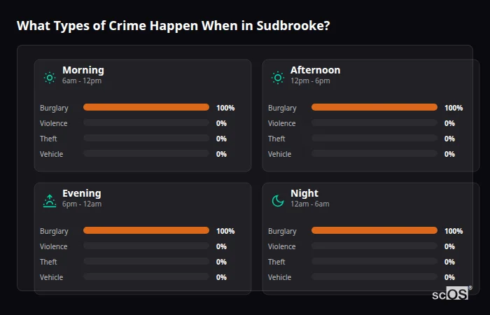 Crime types by time period for Sudbrooke - showing breakdown of burglary, violence, theft, and vehicle crime by morning, afternoon, evening, and night