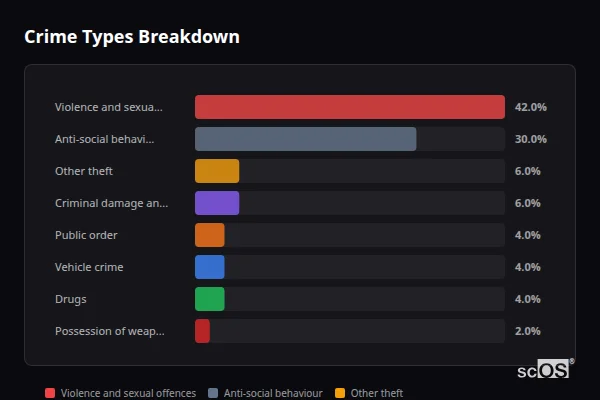Crime Types Breakdown for Braunston - showing Violence and sexual offences (42%), Anti-social behaviour (30%), Other theft (6%)