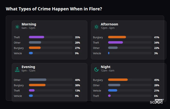 Crime types by time period for Flore - showing breakdown of burglary, violence, theft, and vehicle crime by morning, afternoon, evening, and night