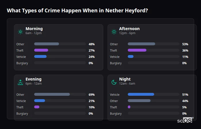 What Types of Crime Happen When in Nether Heyford? Crime types by time period for Nether Heyford - showing breakdown of burglary, violence, theft, and vehicle crime by morning, afternoon, evening, and night