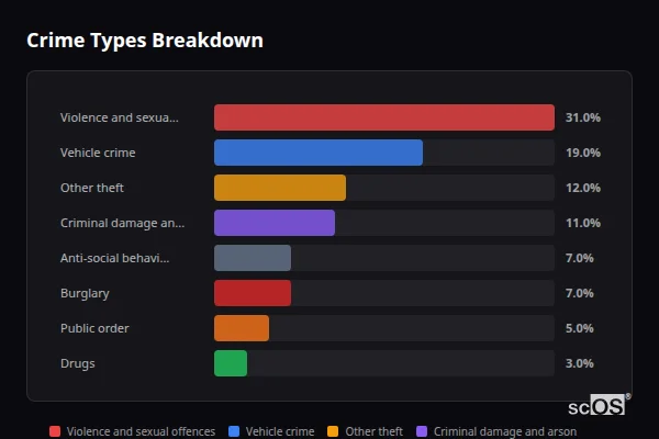 Crime Types Breakdown for Chadlington - showing Violence and sexual offences (31%), Vehicle crime (19%), Other theft (12%)