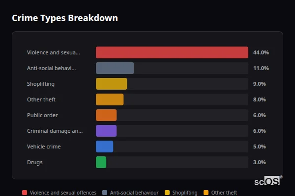 Crime Types Breakdown for Chipping Norton - showing Violence and sexual offences (44%), Anti-social behaviour (11%), Shoplifting (9%)