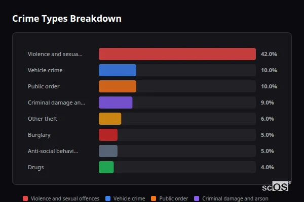 Crime Types Breakdown - Ducklington Crime Types Breakdown for Ducklington - showing Violence and sexual offences (42%), Vehicle crime (10%), Public order (10%)