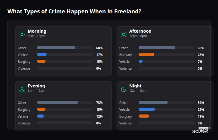 Crime types by time period for Freeland - showing breakdown of burglary, violence, theft, and vehicle crime by morning, afternoon, evening, and night