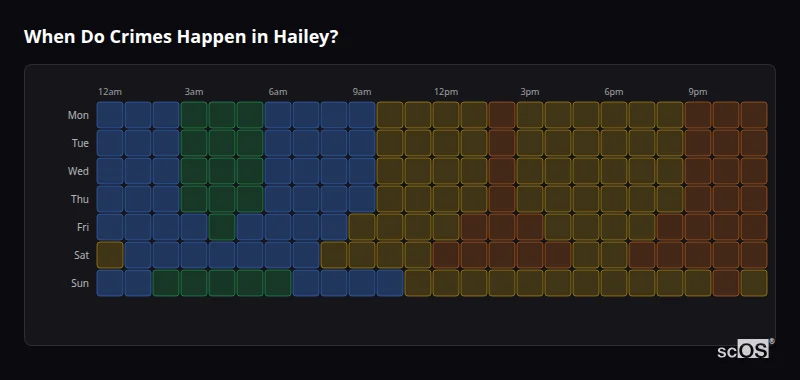 Crime time heatmap for Hailey - showing when crimes are most likely to occur by day and hour