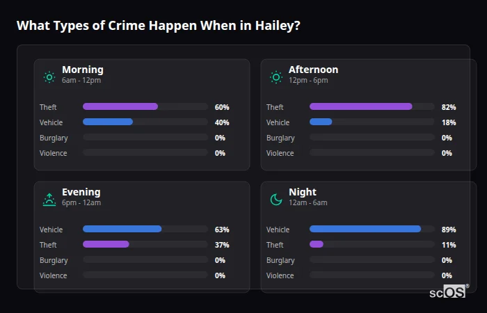 Crime types by time period for Hailey - showing breakdown of burglary, violence, theft, and vehicle crime by morning, afternoon, evening, and night