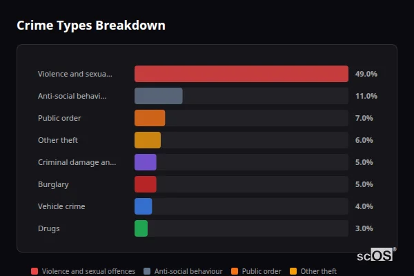 Crime Types Breakdown for Long Hanborough - showing Violence and sexual offences (49%), Anti-social behaviour (11%), Public order (7%)