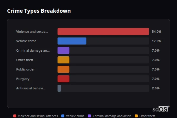 Crime Types Breakdown for Tackley - showing Violence and sexual offences (54%), Vehicle crime (17%), Criminal damage and arson (7%)