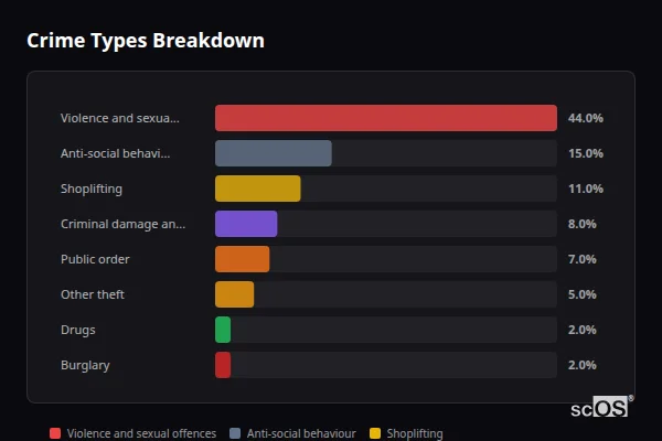 Crime Types Breakdown - Witney Crime Types Breakdown for Witney - showing Violence and sexual offences (44%), Anti-social behaviour (15%), Shoplifting (11%)