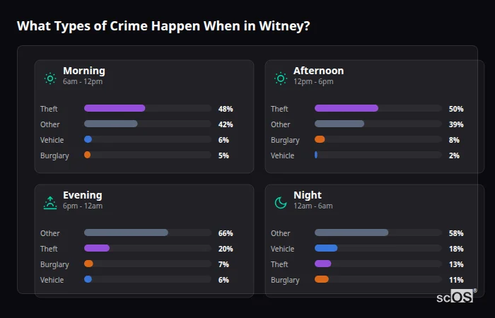 What Types of Crime Happen When in Witney? Crime types by time period for Witney - showing breakdown of burglary, violence, theft, and vehicle crime by morning, afternoon, evening, and night