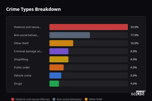 Crime Types Breakdown - Woodstock Crime Types Breakdown for Woodstock - showing Violence and sexual offences (33%), Anti-social behaviour (17%), Other theft (10%)