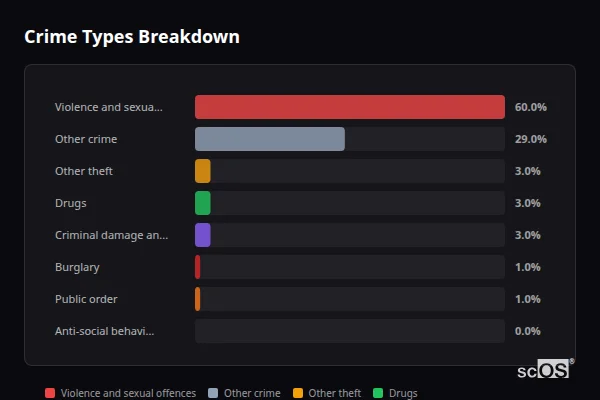 Crime Types Breakdown for Cock and End - showing Violence and sexual offences (60%), Other crime (29%), Other theft (3%)