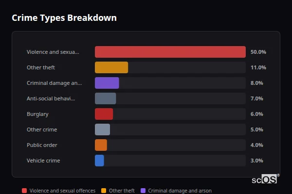 Crime Types Breakdown for Lakenheath - showing Violence and sexual offences (50%), Other theft (11%), Criminal damage and arson (8%)