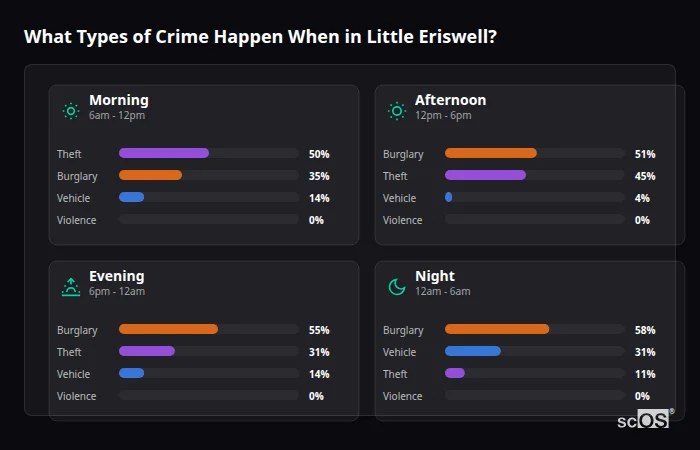 Crime types by time period for Little Eriswell - showing breakdown of burglary, violence, theft, and vehicle crime by morning, afternoon, evening, and night
