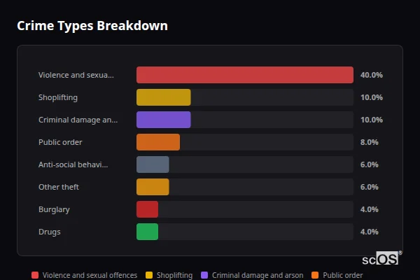 Crime Types Breakdown for Newmarket - showing Violence and sexual offences (40%), Shoplifting (10%), Criminal damage and arson (10%)