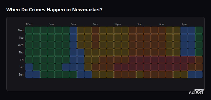 Crime time heatmap for Newmarket - showing when crimes are most likely to occur by day and hour