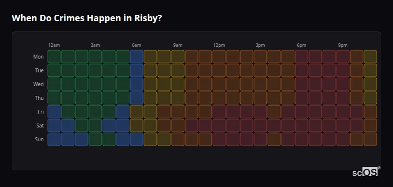 Crime time heatmap for Risby - showing when crimes are most likely to occur by day and hour