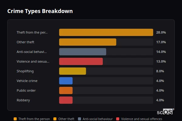 Crime Types Breakdown - City of Westminster Crime Types Breakdown for City of Westminster - showing Theft from the person (28%), Other theft (17%), Anti-social behaviour (14%)