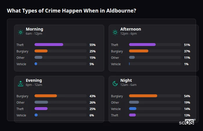 Crime types by time period for Aldbourne - showing breakdown of burglary, violence, theft, and vehicle crime by morning, afternoon, evening, and night