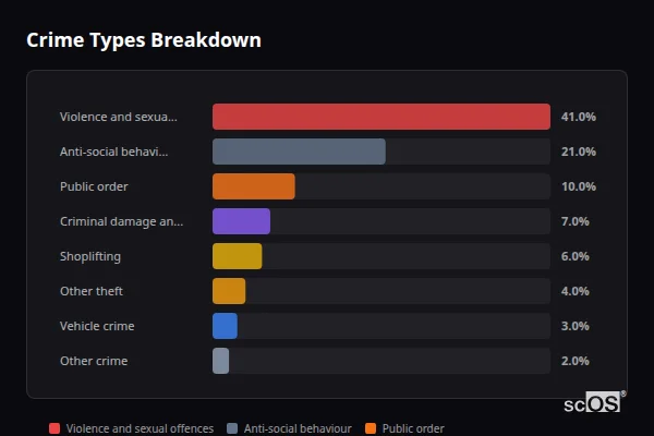 Crime Types Breakdown for Amesbury - showing Violence and sexual offences (41%), Anti-social behaviour (21%), Public order (10%)